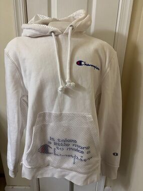 NWOT CHAMPION White Pullover Sweatshirt Logo Lined Hoodie Net Design Pockets